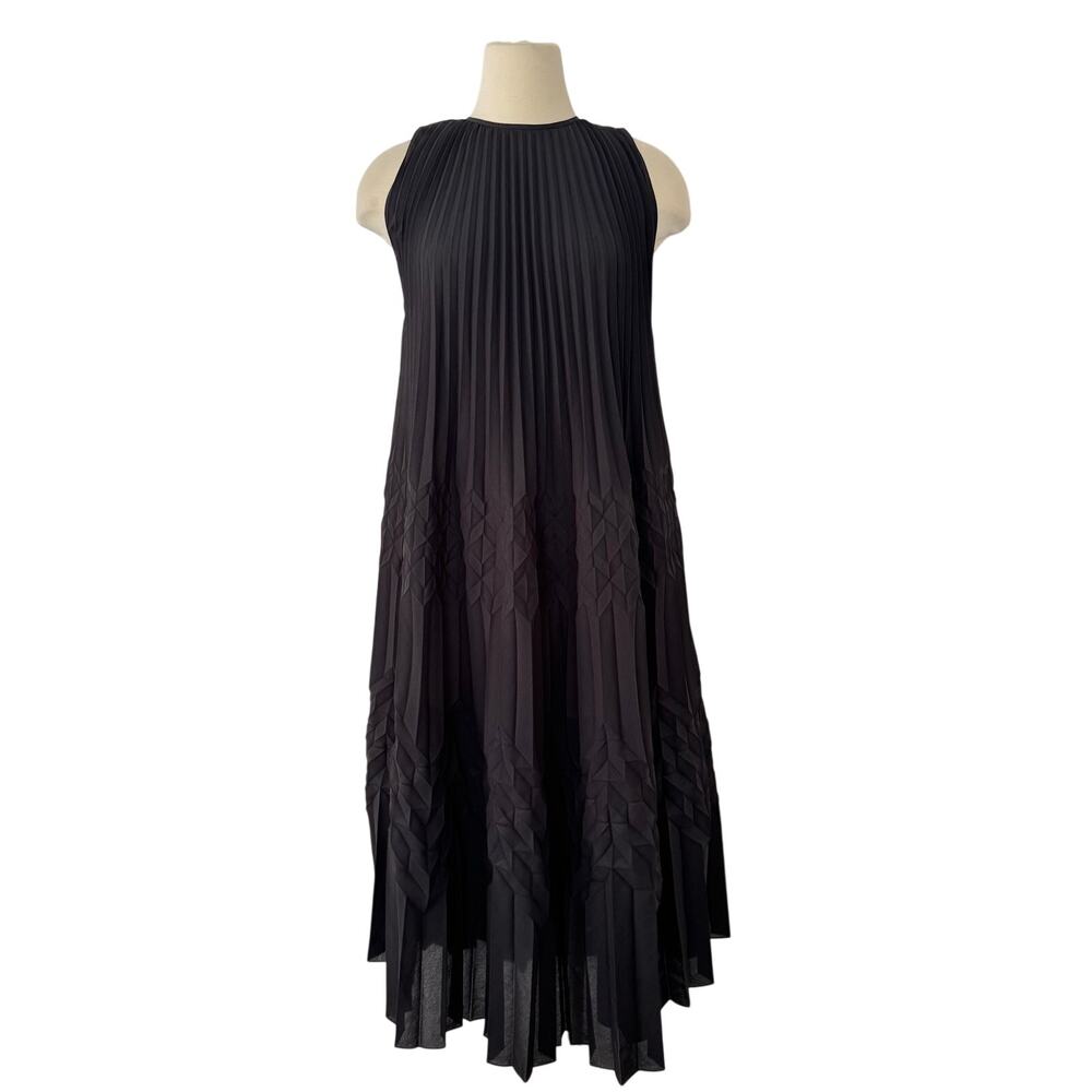 Lafayette 148 Origami Pleated Crepe Sleeveless Midi Dress Black XXS NWT